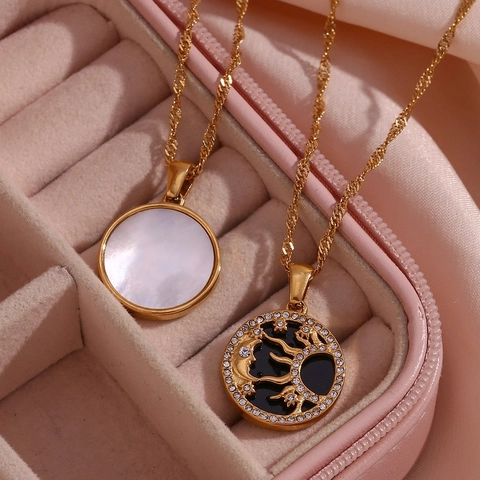 Collana Pendente Sole Luna Stella Placcato Oro 18K Acciaio Inossidabile 316L Conchiglia Zircone Gioielli Celesti Donna
