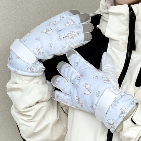 Winter Ski Gloves Nylon Rubber Thickened Windproof Touchscreen For Outdoor Cycling Cute Rabbit Pattern Sweet Style