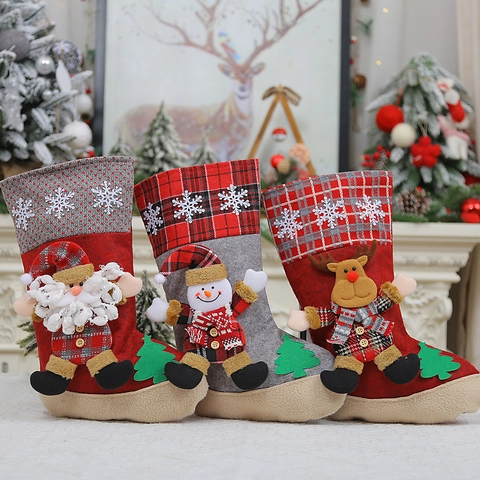 Christmas Stocking Felt Knitted Cloth Santa Snowman Reindeer Doll Snowflake Embroidery Holiday Fireplace Hanging Decor