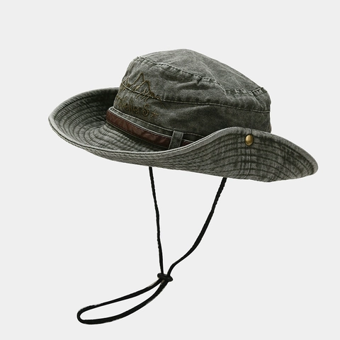 Vintage Washed Cotton Canvas Bucket Hat Outdoor Sun Hat Leather Strap Adjustable Windproof String Retro Fishing Boonie Hat