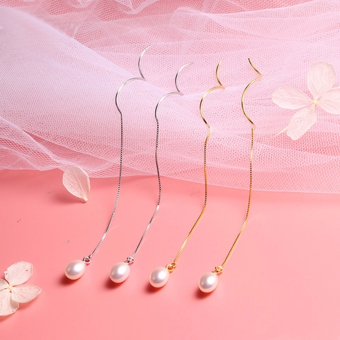 925 Sterling Silver Earring Post Perla Artificial Naturale Acqua Dolce Orecchini Filo Lungo Gancio Onda Pendenti Donne Elegante