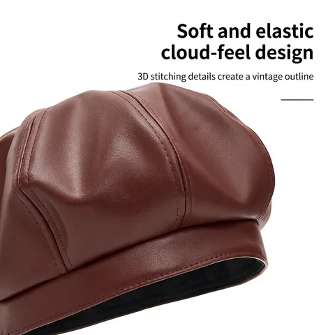 Women PU Leather Beret Newsboy Cap Vintage Octagonal Eight-Panel Adjustable Solid Color Autumn Winter Artist Hat