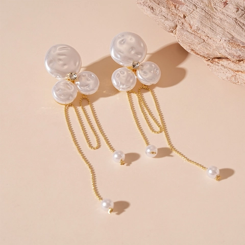 Pendientes Largos De Borla Con Circonita E Imitación De Perla Artificial De Concha Con Poste De Pendiente De Plata Retro Francés Mujer