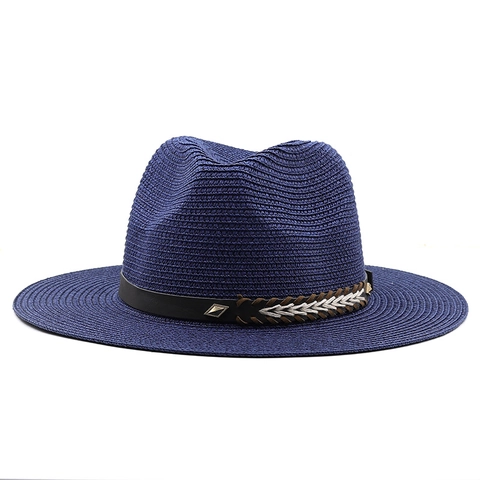 Straw Fedora Sun Hat Breathable Outdoor Beach Travel British Style Vintage Woven Cap With Rivet Decor Band For Men Women