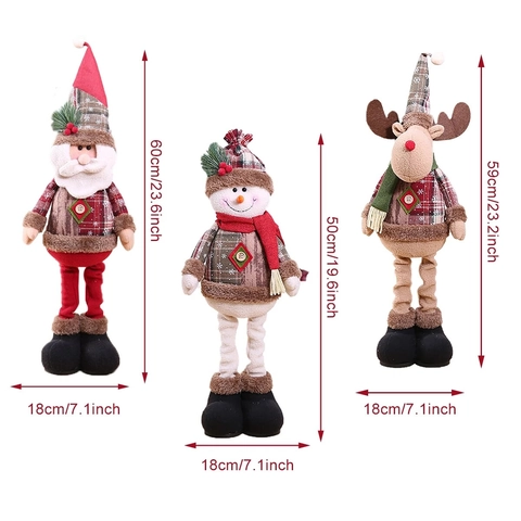 Christmas Telescopic Doll Plush Santa Claus Snowman Reindeer Ornament With Extendable Legs Plaid Standing Home Decor