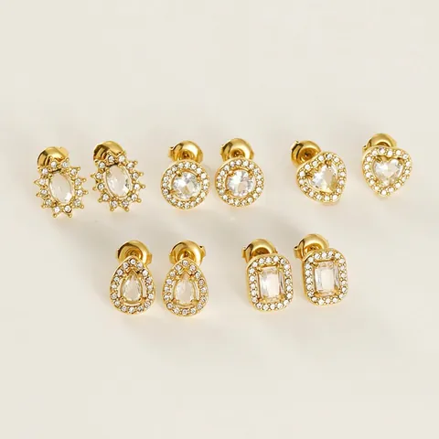 Zircon Stud Earrings 18K Gold Plated Stainless Steel Double Layer Halo Heart Round Square Drop Jewelry For Women