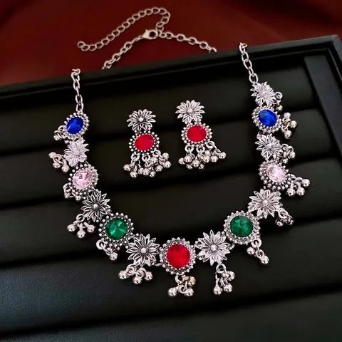 Vintage Ethnic Bohemian Flower Necklace And Earrings Jewelry Alloy Multicolored Rhinestone With Silver Earring Post