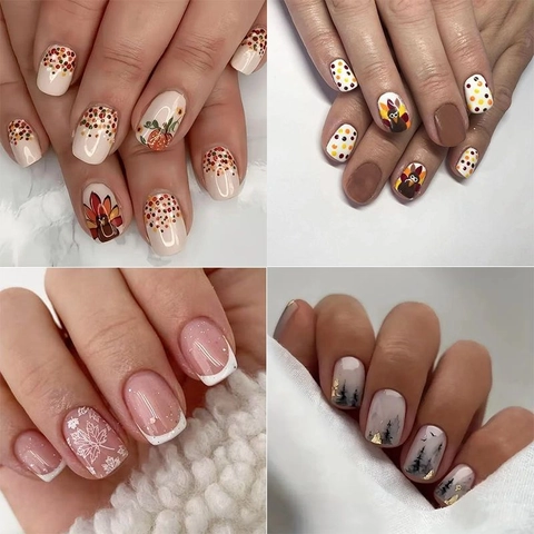 Autumn Maple Leaf French Press On Nails ABS Short Square Oval Artificial Fake Nails For Women Daily Party Manicure Art