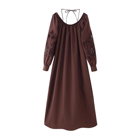 Women Maxi Dress Long Sleeve Hollow Out Embroidery Tie Back U Neck Backless Ruffled Retro Elegant Dark Brown Polyester