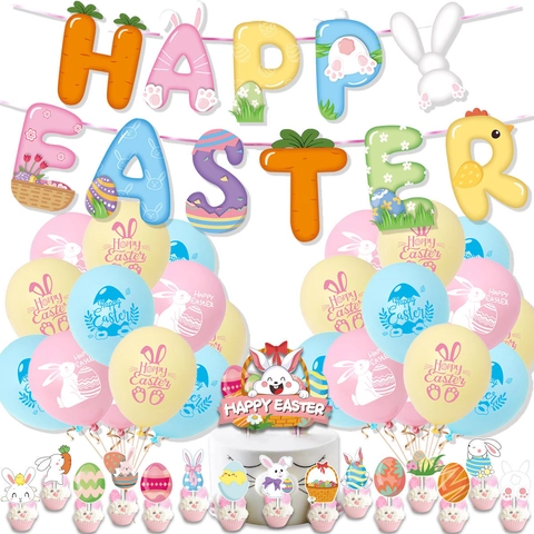 Set di Decorazioni per la Festa di Pasqua Striscione Colorato Palloncini in Lattice Stampati Topper per Torte Articoli per Feste