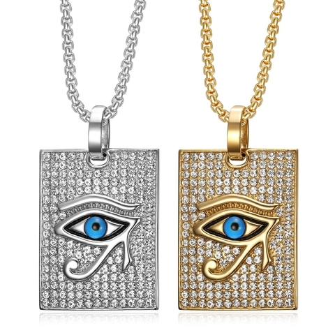 Eye Of Horus Anhänger Halskette Edelstahl Iced Out Rhinestone Hip Hop Schmuck Für Herren Blau Ägyptisch