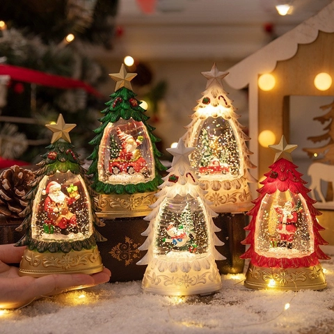 Christmas Tree Snow Globe LED Glowing Water Ball Desktop Ornament Retro Gold Base Resin Glass Decorative Festive Night Light