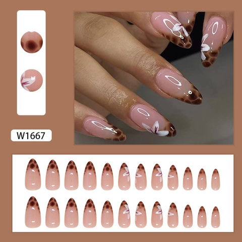 Almond Press On Nails Leopard Print Weißes Blumen Design Nude Pink Glänzend Abnehmbare Künstliche Fingernägel Für Damen