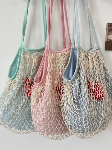 Women Woven Fishnet Mesh Shoulder Bag Polyester Cotton Hollow Out Beach Vacation Tote With Cloth Inner Cute Decor Large Capacity
