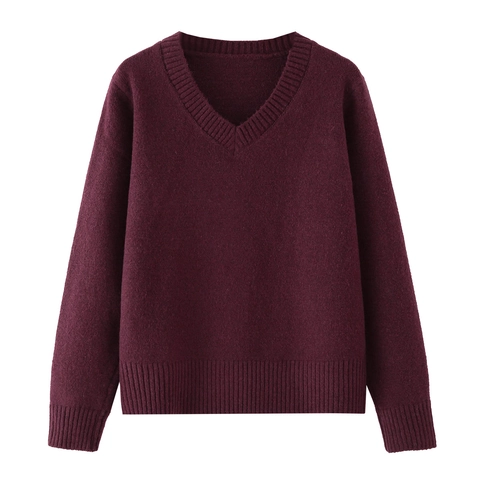 Dames Gebreide Trui Met V-Hals Zacht Losse Lange Mouwen Geribbelde Afwerking Casual Warme Jumper Tops Wijnrood