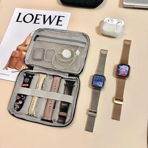 Portable Watch Band Storage Bag Nylon Fabric Water Resistant Travel Organizer For Smartwatch Straps Charging Cables Electronic Accessories Zipper Pouch