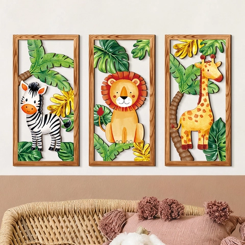 Cartoon Jungle Animal Wooden Wall Hanging Decor Zebra Lion Giraffe Nursery Kids Room Art Abstract Hollow Wood Plaques