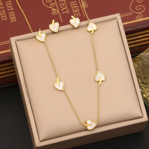 Stainless Steel Heart Necklace Stud Earrings Bracelet Gold Plated White Mother Of Artificial Pearl Shell Beaded Edge Women