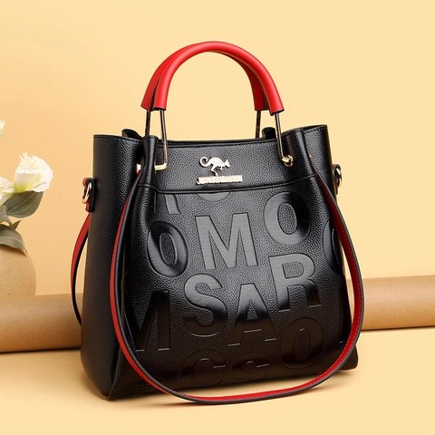 Women Handbag PU Leather Lychee Grain Embossed Large Capacity Crossbody Shoulder Bag Contrast Color Gold Hardware Scarf