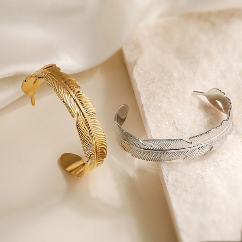 Federform Armreif Offen Vintage Edelstahl 18K Vergoldet Verstellbarer Schmuck Für Damen