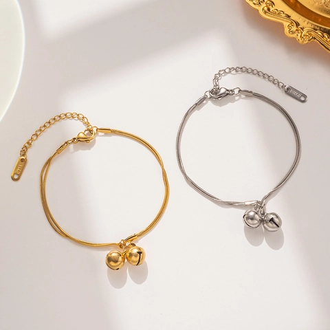 Double Layer Bracelet Stainless Steel Bell Pendants Snake Bone Chain Adjustable Fashion Jewelry For Women Gift