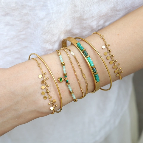 Bohemian Stainless Steel Evil Eye Bracelet For Women 18K Gold Plated Multi Layer Malachite Crystal Bead Bangle Jewelry