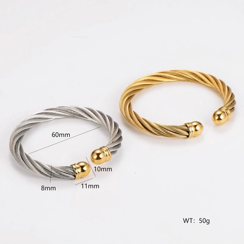 Twisted Cable Cuff Bracelet Stainless Steel Open Bangle Round Ball End Minimalist Geometric Fashion Accessory