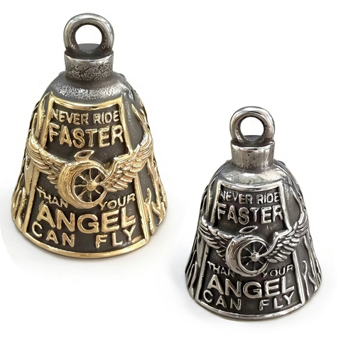 Motorcycle Guardian Bell Pendant Stainless Steel Retro Punk Angel Wings Biker Bell With Engraved Quote