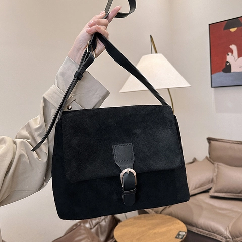 Vintage Suede Textured Women Shoulder Bag Retro Frosted PU Leather Crossbody Bag With Adjustable Strap Square Messenger Bag