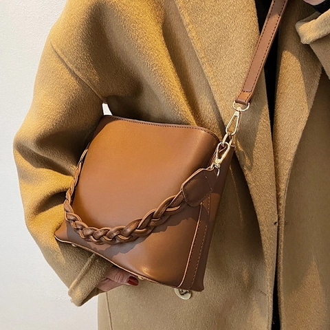 Borsa A Secchiello In Pelle PU Da Donna Con Manico Intrecciato Grande Capacità Versatile Borsa A Tracolla Mano Solido