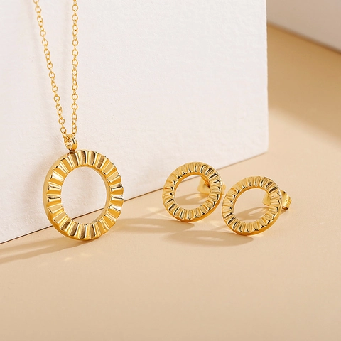 Edelstahl Halskette Und Ohrringe Schmuck Geometrische Sechseck Runde Rippentextur Elegante Mode Für Frauen