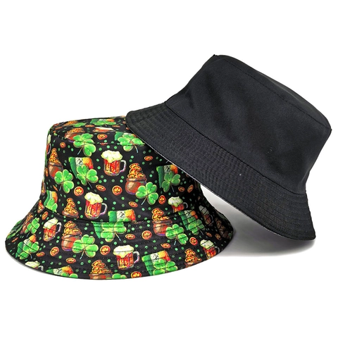 Chapeau Bob Saint Patrick Réversible Imprimé Trèfle Protection Solaire Festival Irlandais Unisexe Polyester Coton