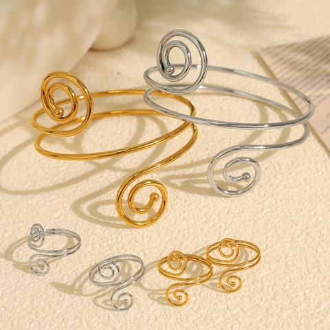 Spiral Bangle Bracelet And Ring Jewelry Set Stainless Steel Open Cuff Minimalist Fashion Modern For Women