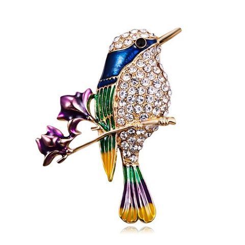 Vintage Alloy Hummingbird Brooch With Purple Flower Colorful Enamel Rhinestone Bird Pin Jewelry For Women Wedding Party Accessory