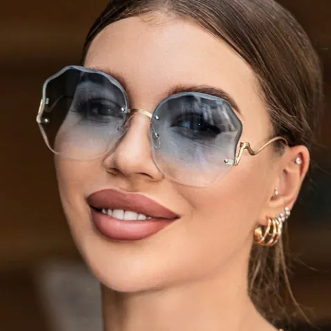 Rimless Sunglasses For Women Fashion Gradient Ocean Cut Polygon Metal Frame UV400 Protection Trendy Eyewear