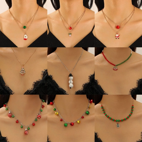 Christmas Double Layer Alloy Necklace With Reindeer Santa Claus Tree Bell Pendants Drip Oil Rhinestone Party Jewelry For Women