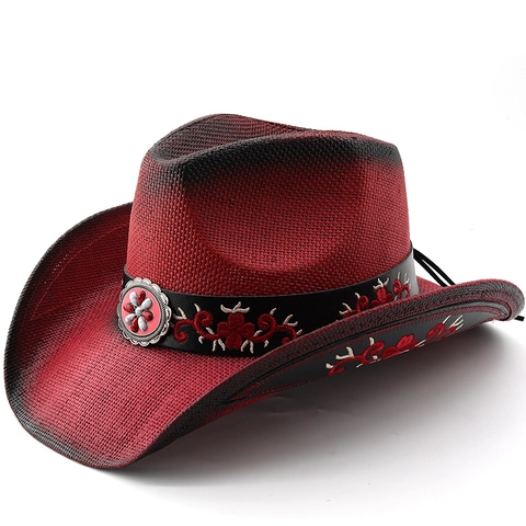 Chapeau De Cowboy En Paille Bord Large Protection Solaire Papier Tissé Bande Brodée Ajustable Style Ethnique Mixte