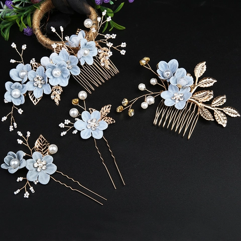 Handmade Bridal Flower Hair Comb And Hair Pin Golden Leaf Faux Artificial Pearl Rhinestone Alloy Fabric Elegant Headpiece For Lady