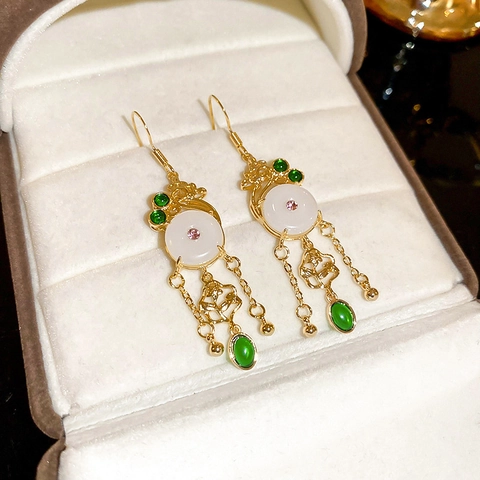 Copper Tassel Dangle Earrings With Faux Jade Rhinestone And Steel Earring Post New Chinese Style Vintage Ethnic Jewelry