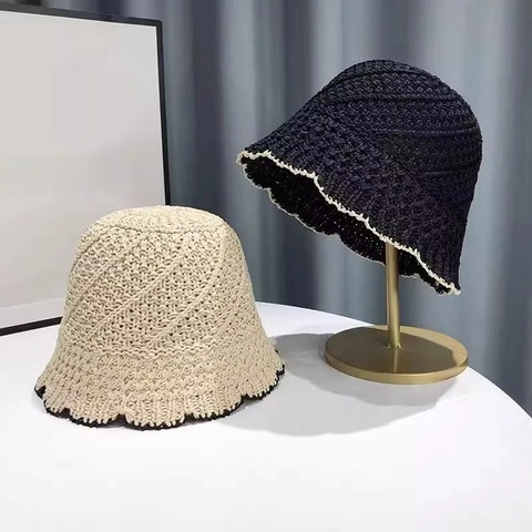 Chapeau Cloche Tissé Femmes Paille Crochet Respirant Creux Bord Ondulé Protection Solaire Style Japonais Rétro