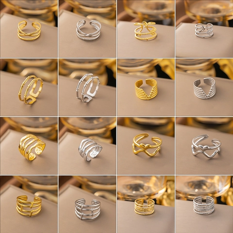 Anello Regolabile Aperto in Acciaio al Titanio Minimalista per Donna Oro Argento Multistrato Geometrico Cavo Cuore Bambù Gioielli
