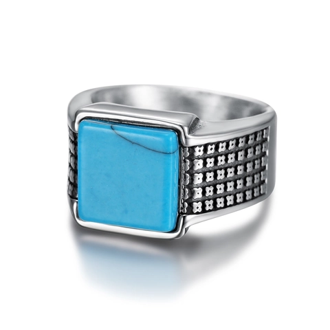 Bague Chevalière Homme Vintage Acier Inoxydable 316L Turquoise Bleue Carrée Rétro Style Punk Bohème Bijou Accessoire