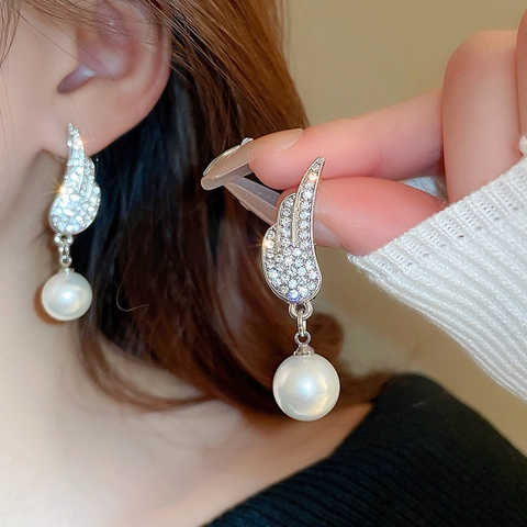 Engelenvleugel Strass Ketting En Kunstparel Oorbellen Met Zilveren Oorsteker Legering Luxe Sieraden