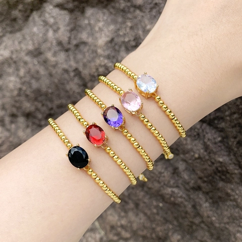 Bracciale Vintage Con Ciondolo Geometrico Ovale in Zirconia per Donna Regolabile Placcato Oro Rame Perline Catena Scorrevole Gioielli