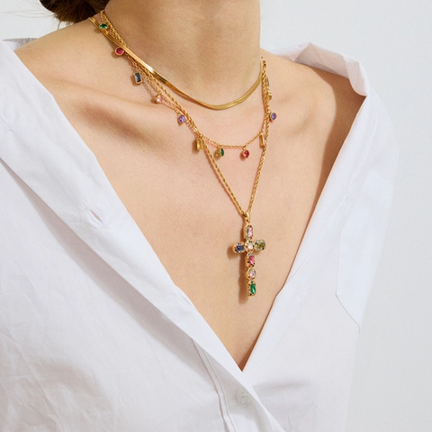 Stainless Steel Cross Pendant Necklace For Women Waterproof Hypoallergenic Multi Layered Fashion Elegant Gold Plated
