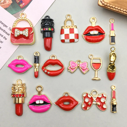 Fashion Zinc Alloy Enamel Red Lips Lipstick Charms For Jewelry Making Rhinestone Bowknot Handbag Pendant DIY Accessories