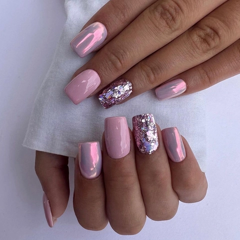 Aurora Chrome Press On Nails Square Medium Long Solid Color Pink Purple Glitter False Nails For Women