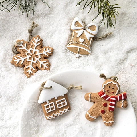 Pendenti Natalizi In Resina Omino Di Pan Di Zenzero Fiocco Di Neve Campana Casa Decorazioni Per Albero Con Corda Di Canapa