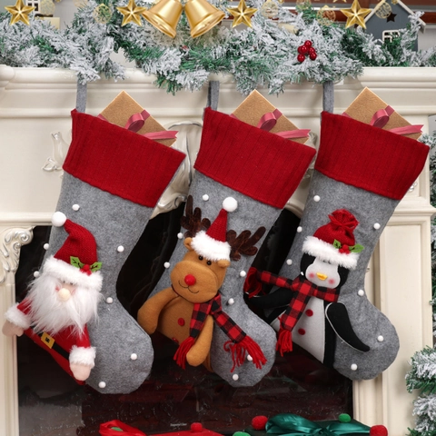 Large Christmas Stocking Festive Red Grey Felt Knit Tree Hanging Decoration Santa Snowman Reindeer Penguin Holiday Bag