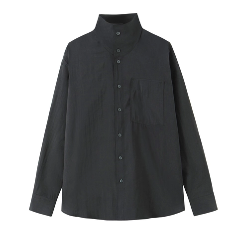 Camisa De Popelina Informal De Color Sólido Para Mujer Manga Larga Cuello Alzado Blusa Con Bolsillo Abotonada Poliéster Tops